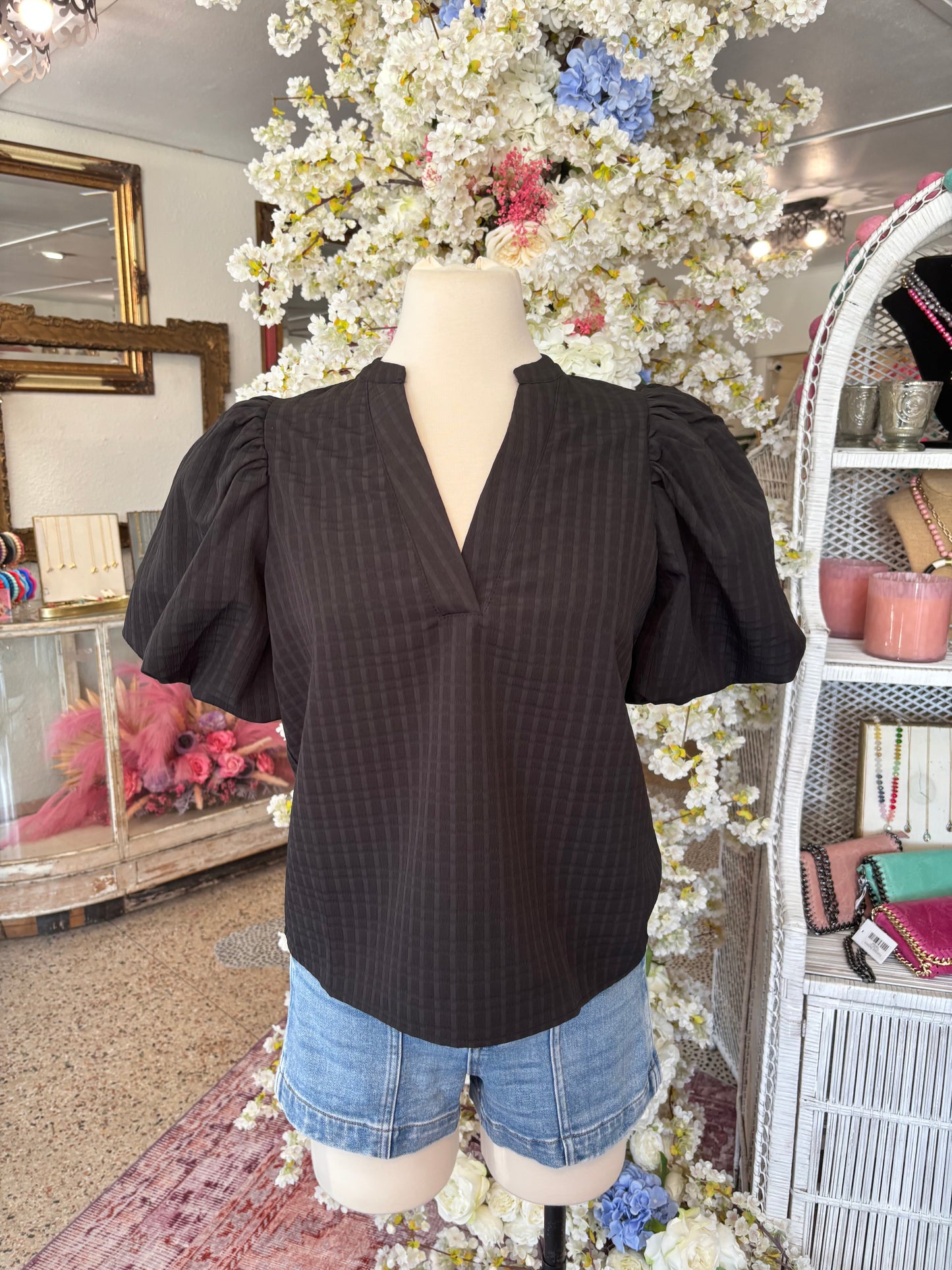 Textured Puff Sleeve Top, Black