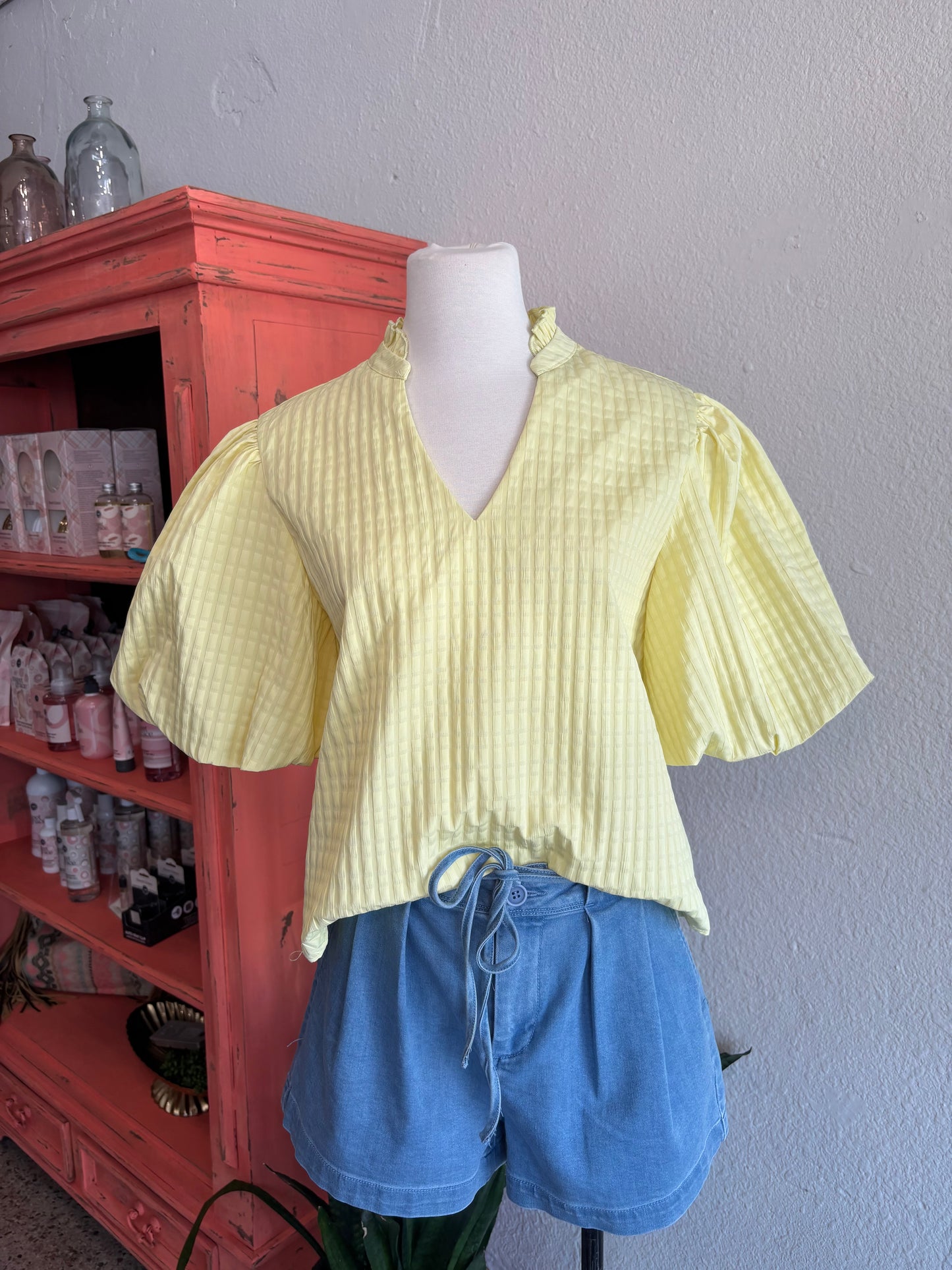 Textured Ruffle Neck Blouse, Butter Yellow