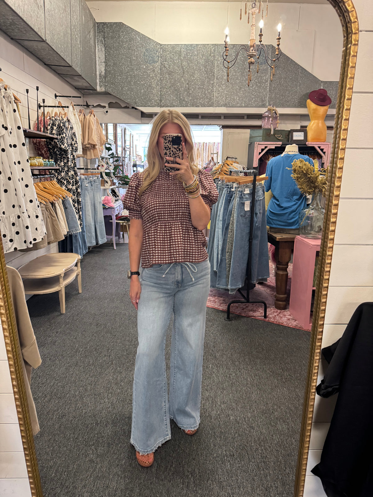 Gingham Smocked Puff Sleeve Top