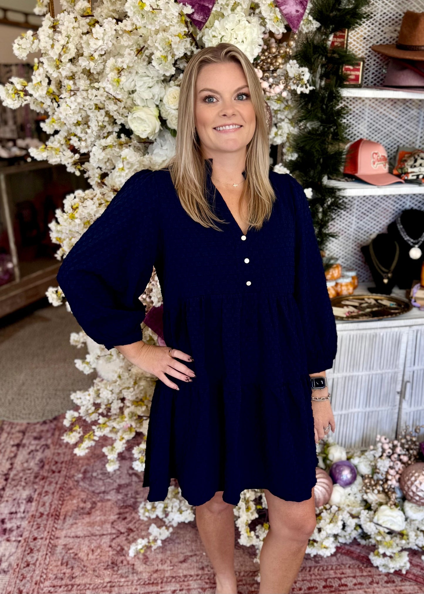 Long Sleeve Tiered Dress, Navy