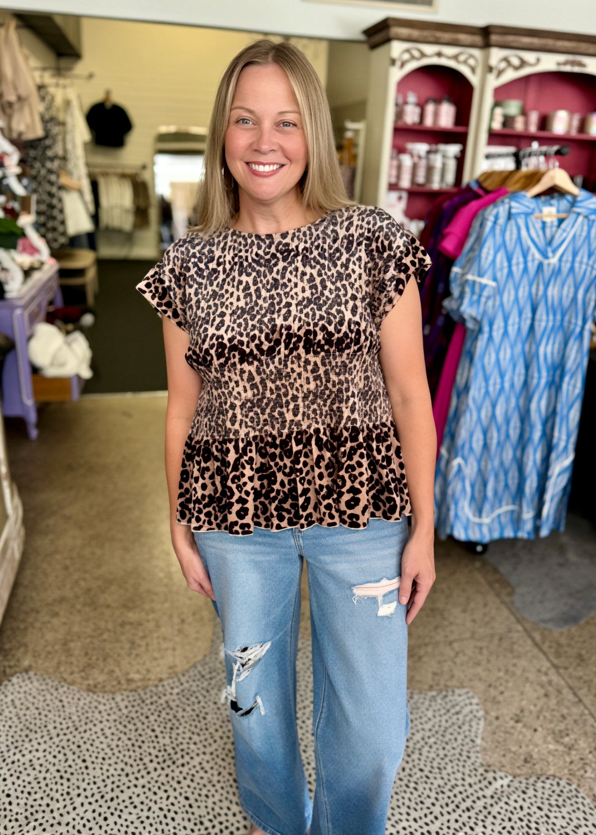 Velvet Leopard Smocked Top