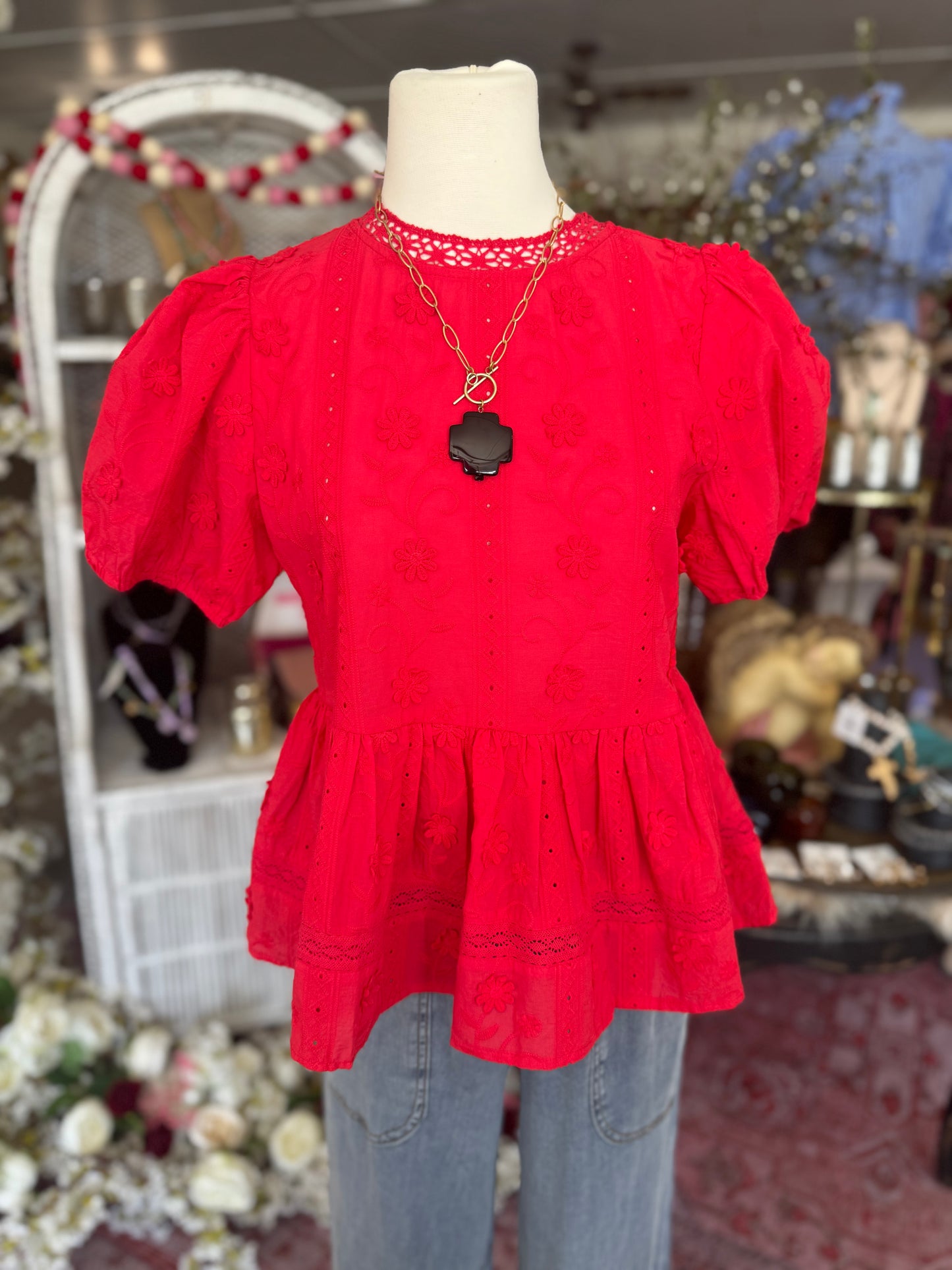 Red Eyelet Babydoll Top