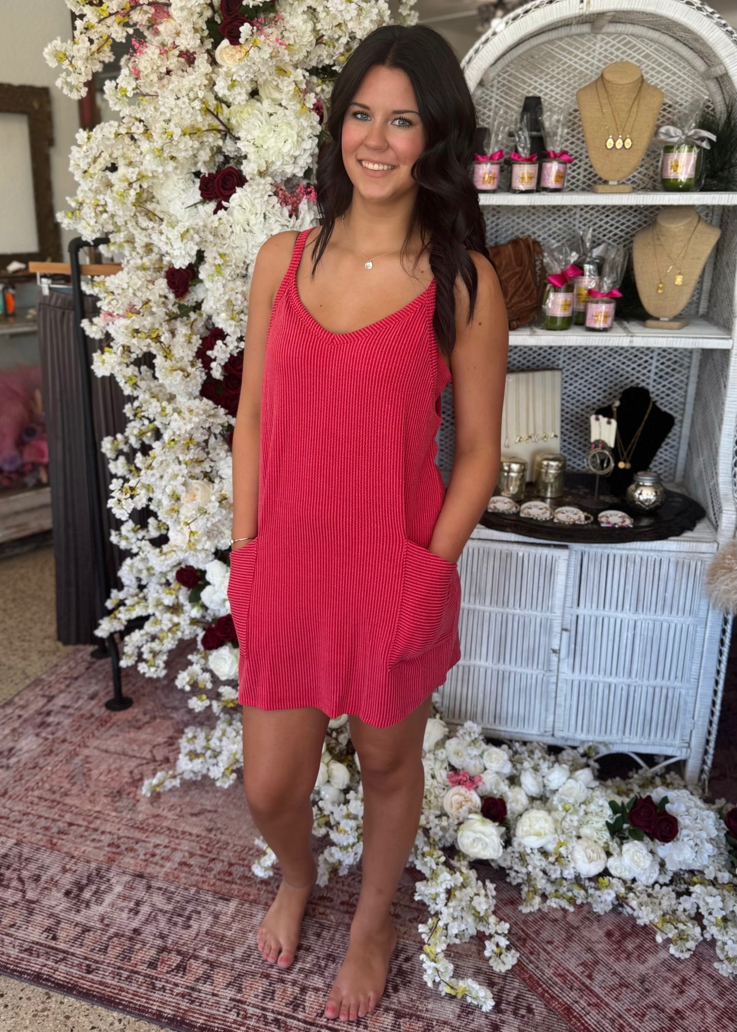 Ribbed V-Neck Romper, Red