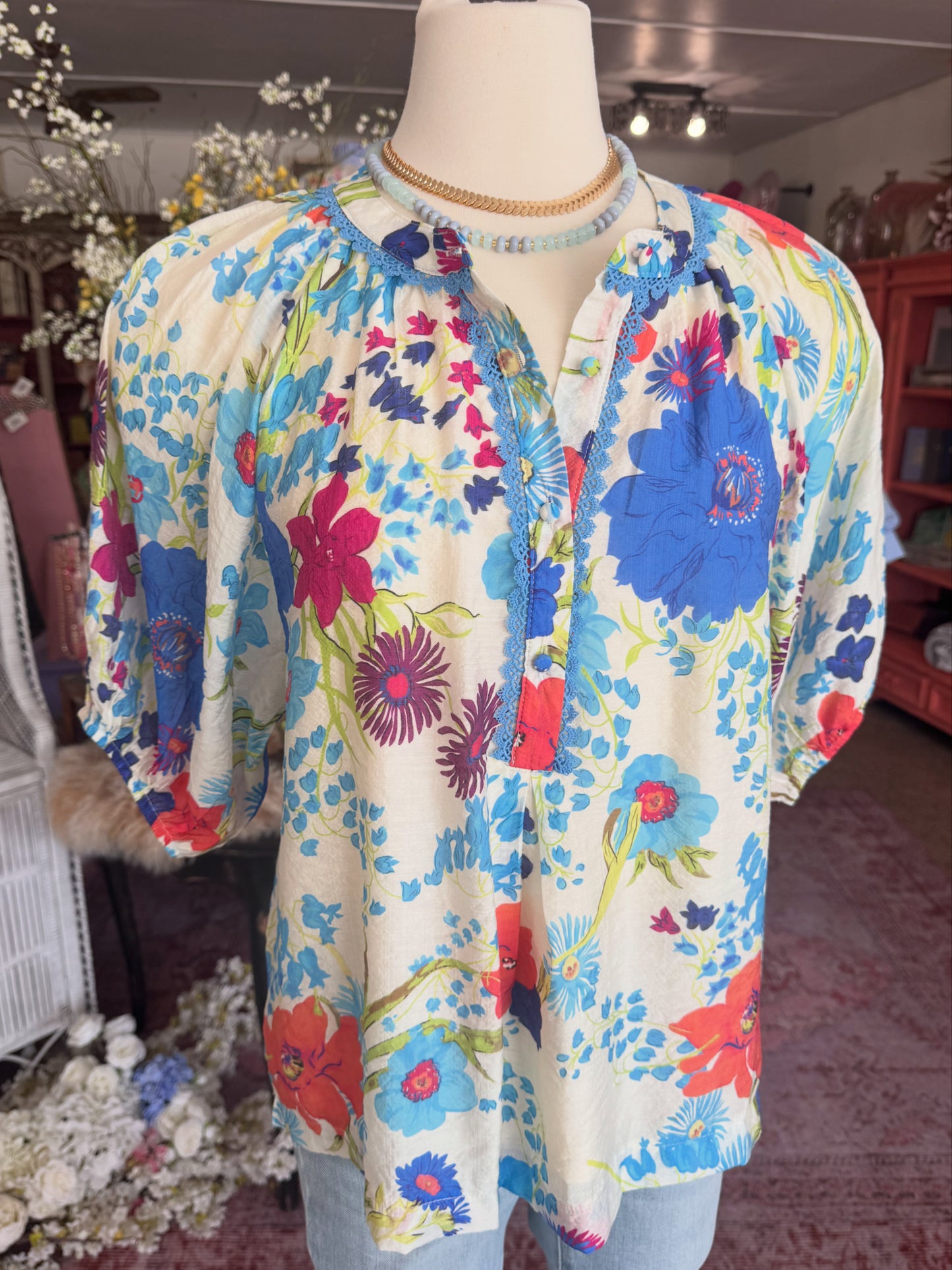 Blue Abstract Print Shirred Top