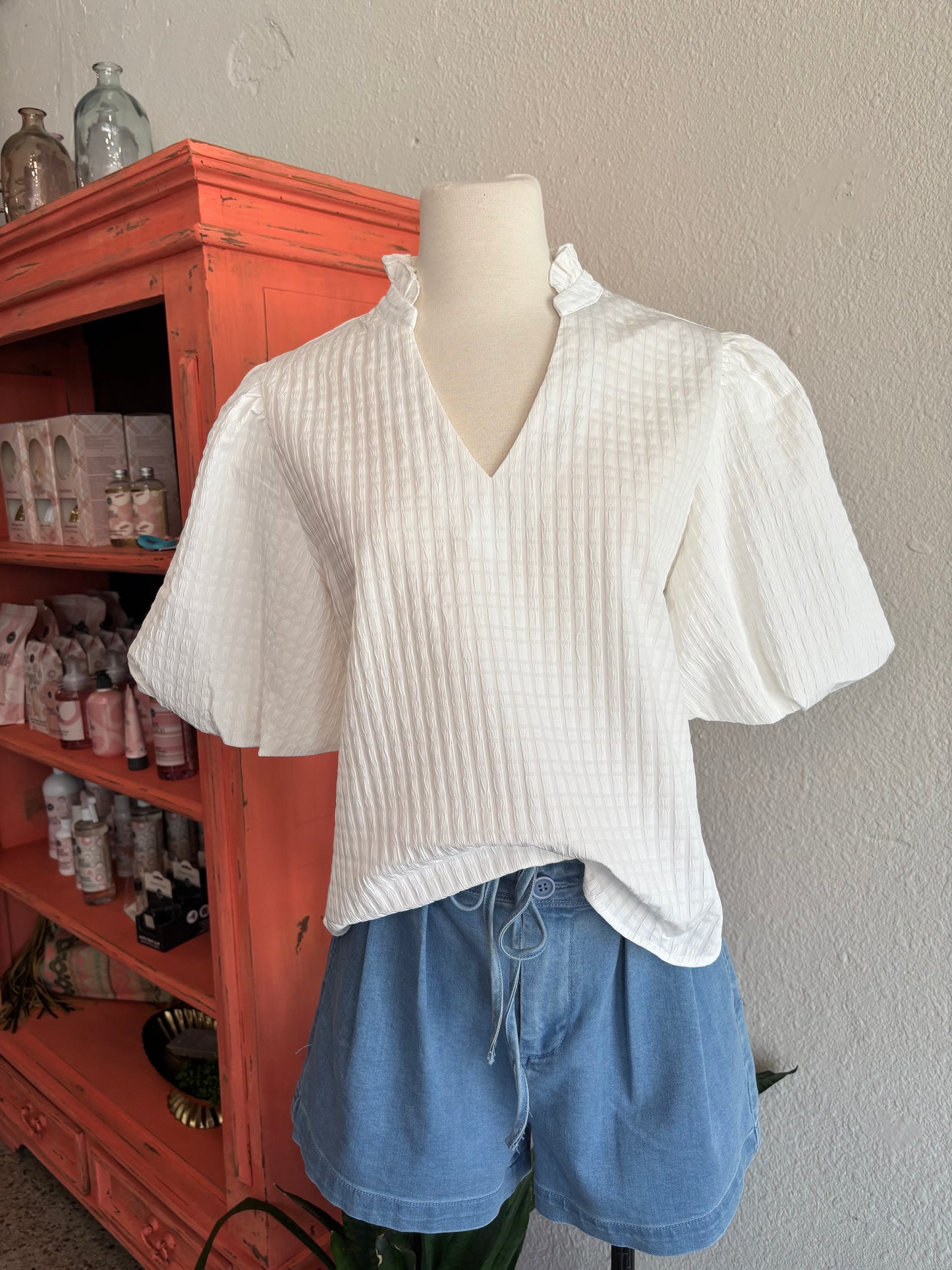 Textured Ruffle Neck Blouse, White