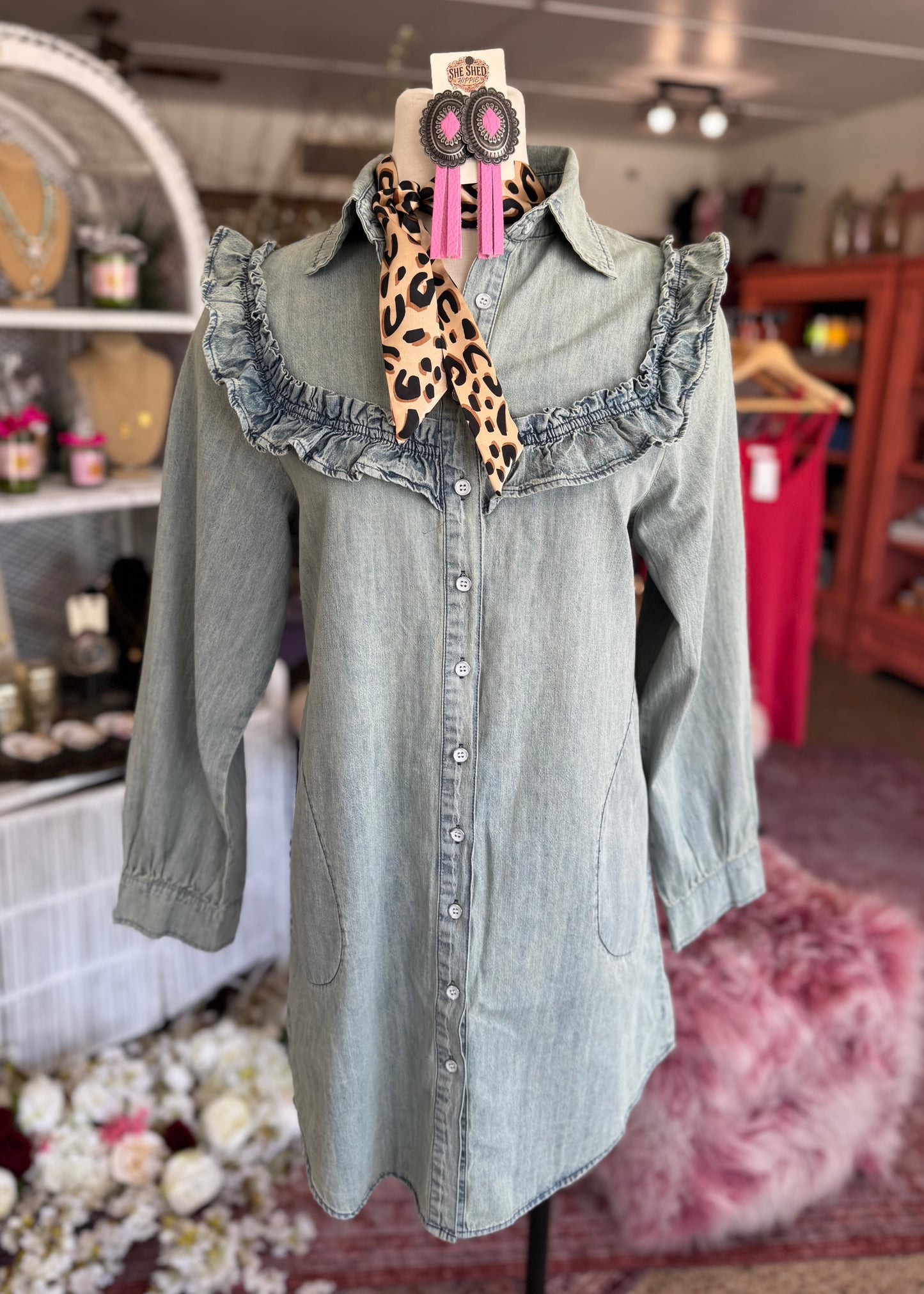 Ruffle Yoke Denim Dress