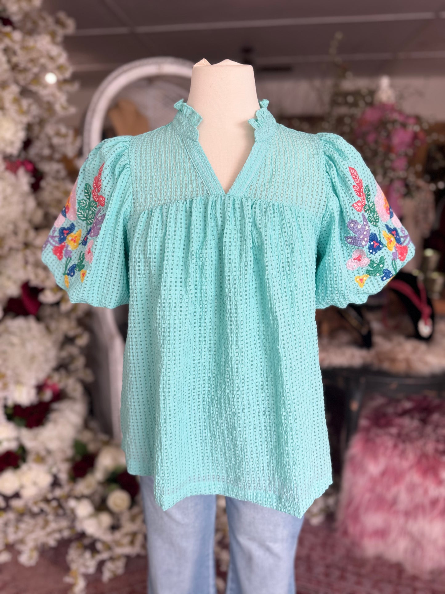 Mint Embroidered Sleeve Blouse