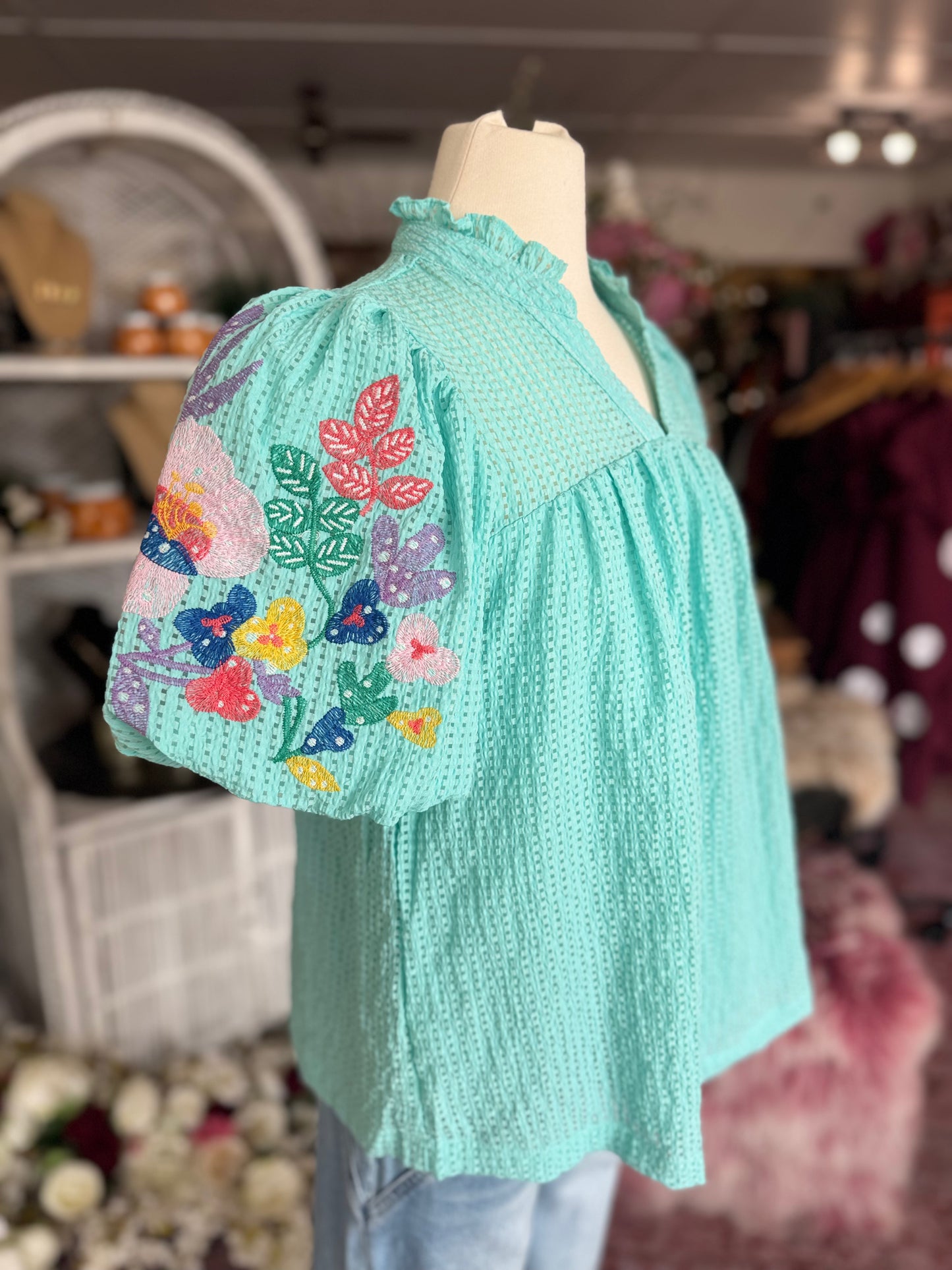 Mint Embroidered Sleeve Blouse
