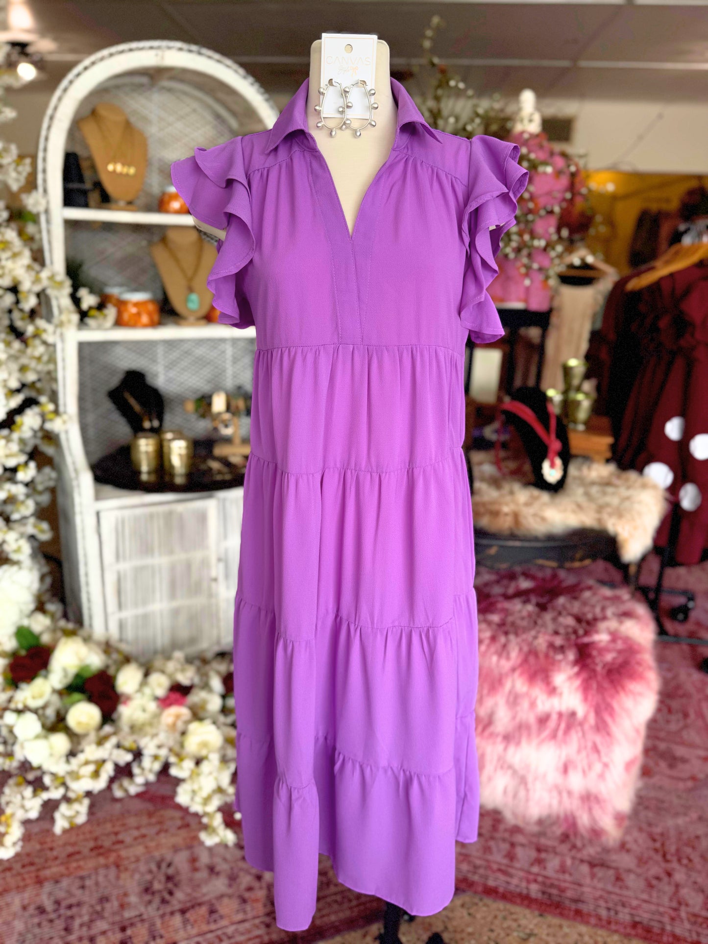 Split Neck Tiered Midi Dress, Lavender