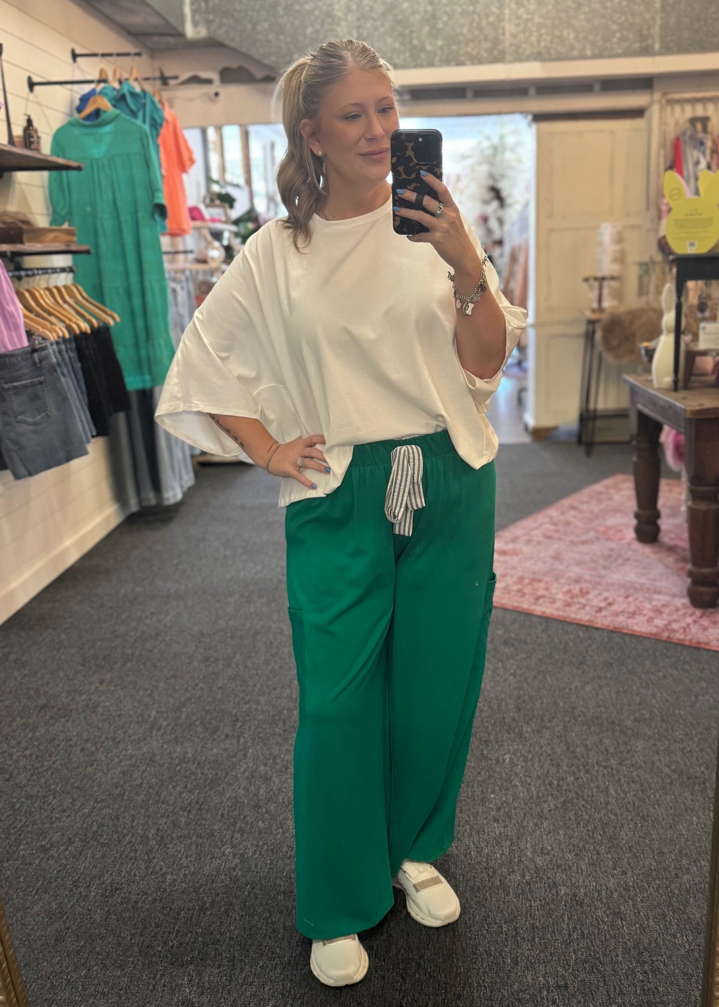 Cotton Vacay Pants Set, Green/White