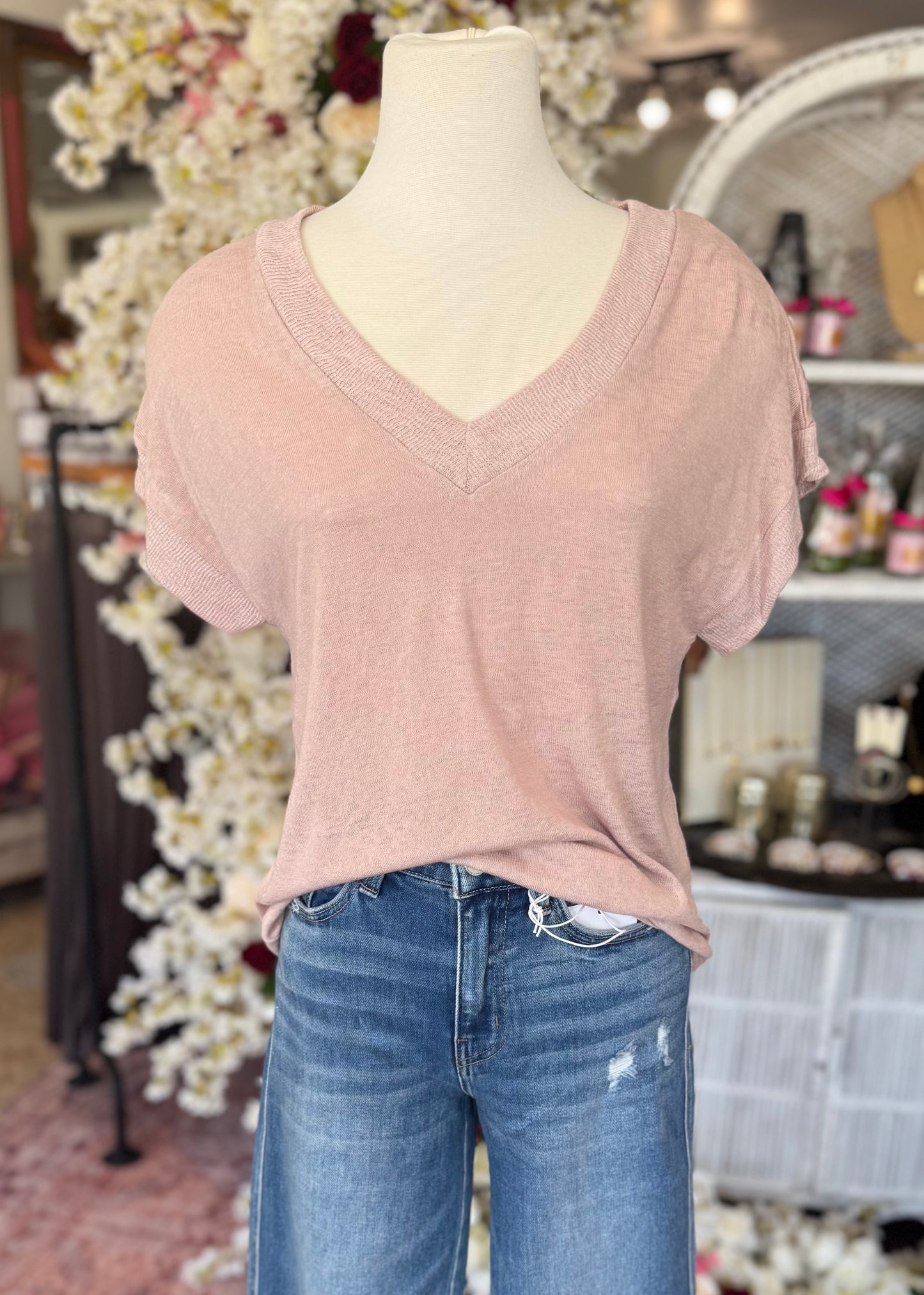 Ribbed V-Neck Drop Shoulder Top, Dusty Rose