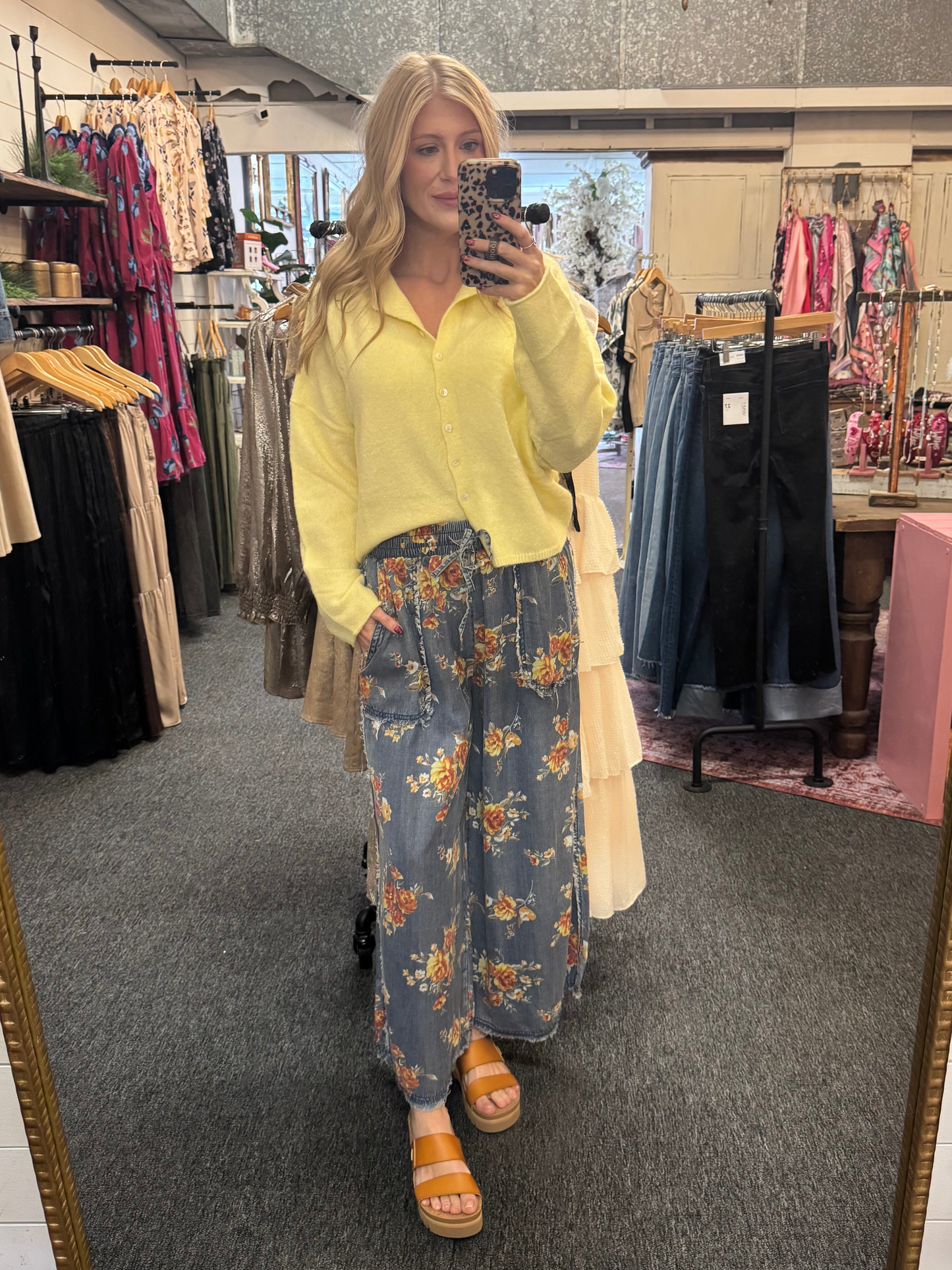 Floral Chambray Wide Leg Pants