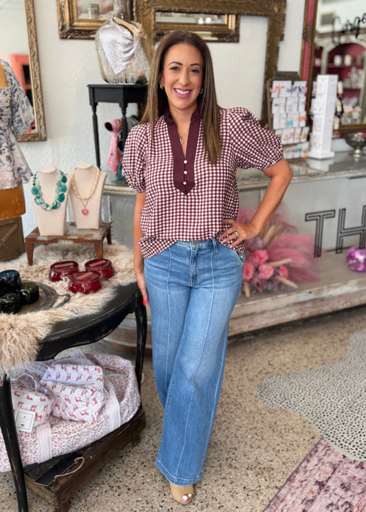 Gingham Contrast Collar Top, Red Bean