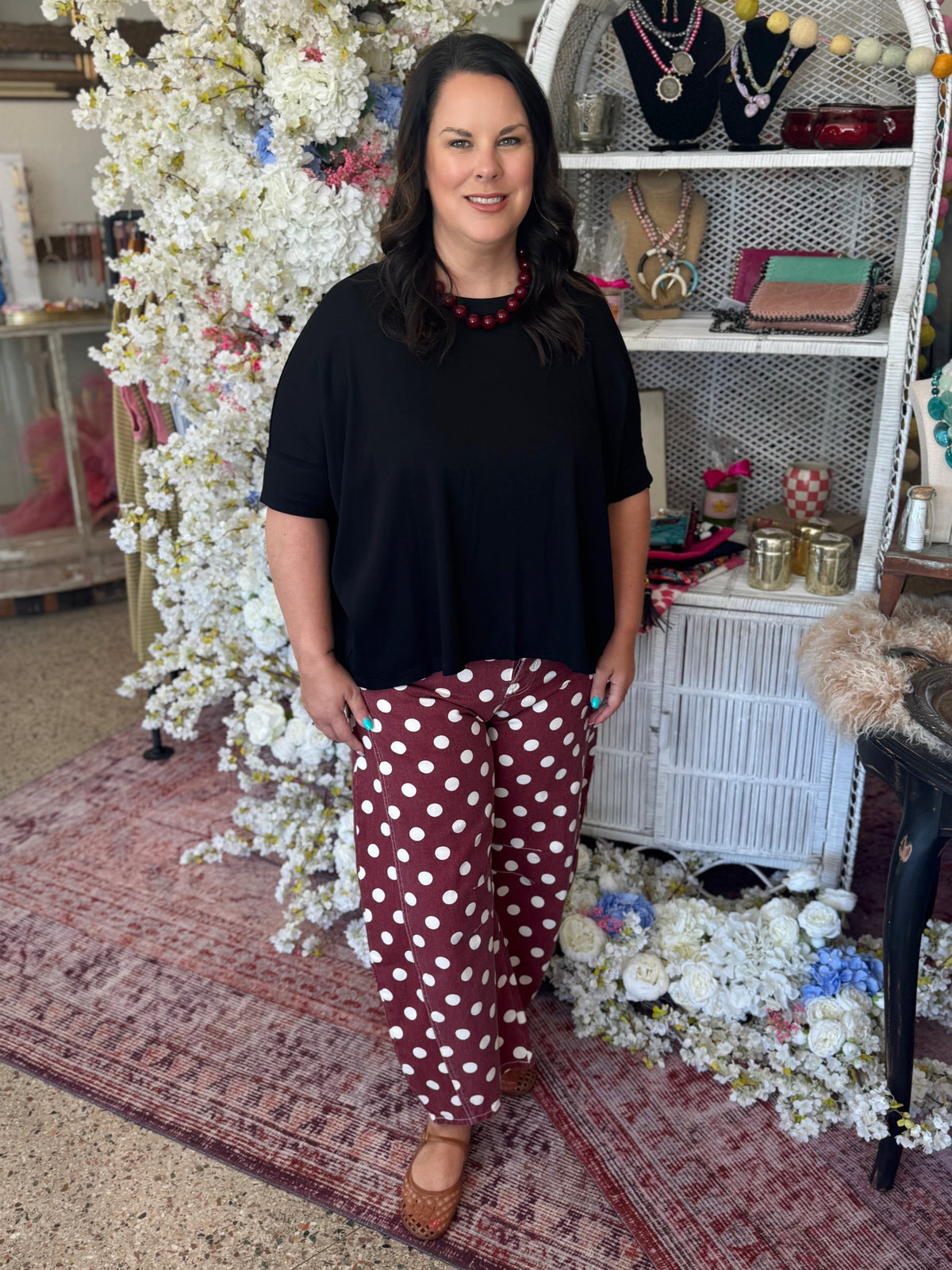 Polka Dot Barrel Pants, Wine