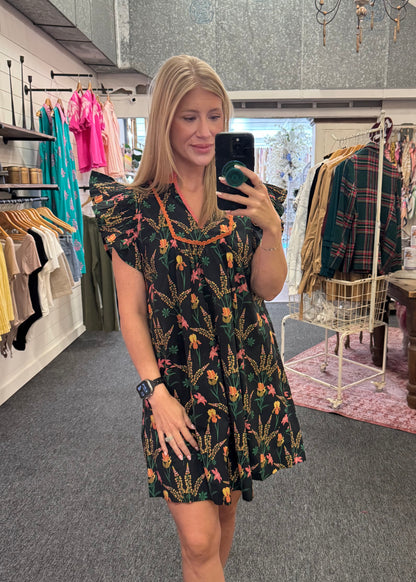Black Wildflower Pattern Mini Dress