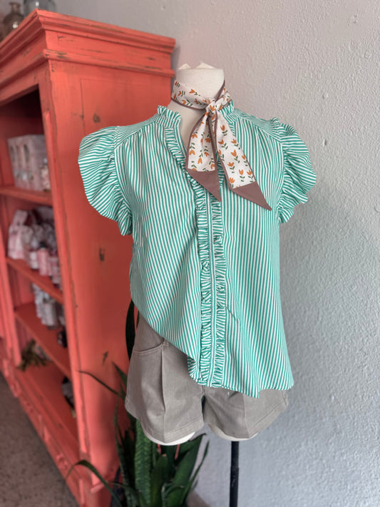 Green Striped Ruffle Trim Top