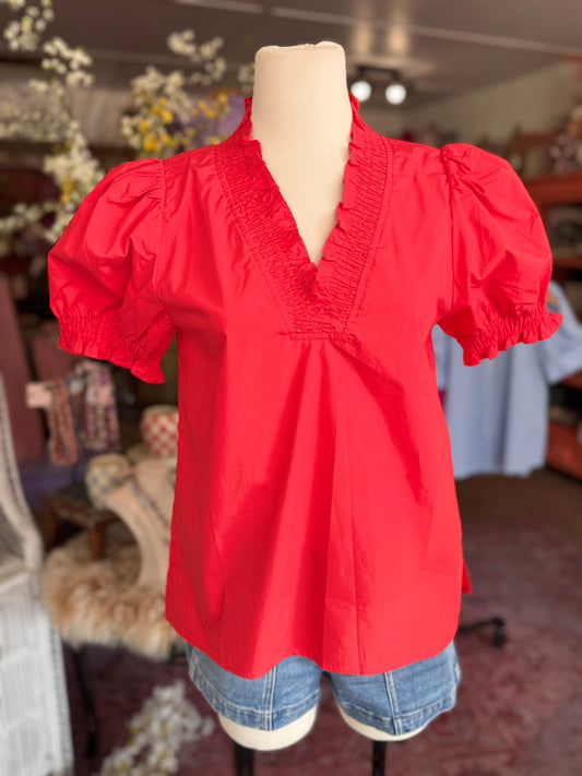 Red Smocked V-Neck