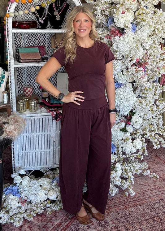 Wide Leg Pants Set, Maroon
