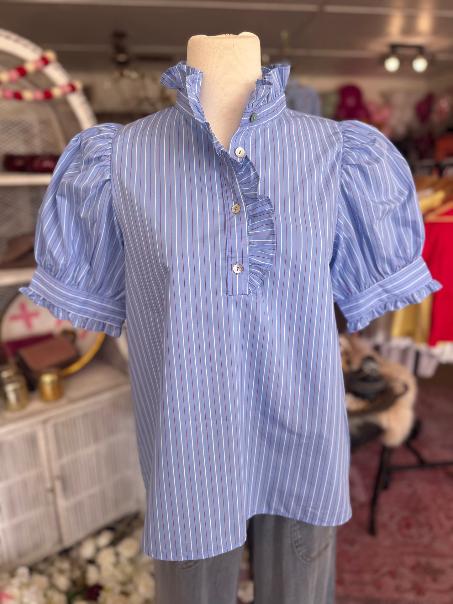 Blue Striped Popover Top
