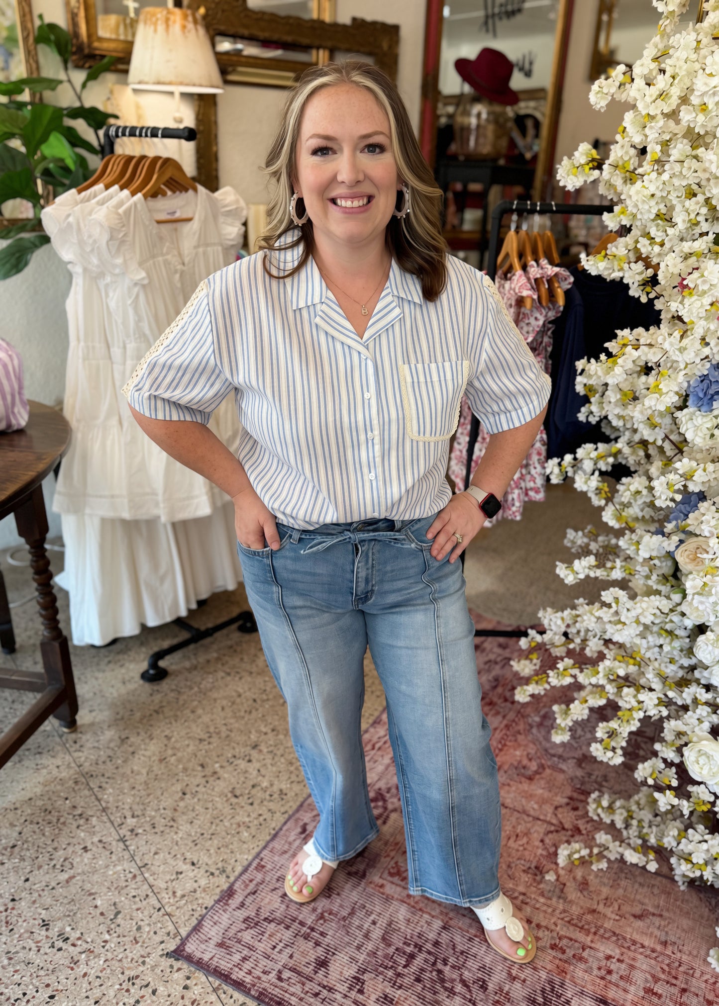 Lace Trim Button Down Top