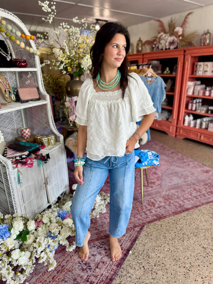 White Square Neck Smocked Blouse