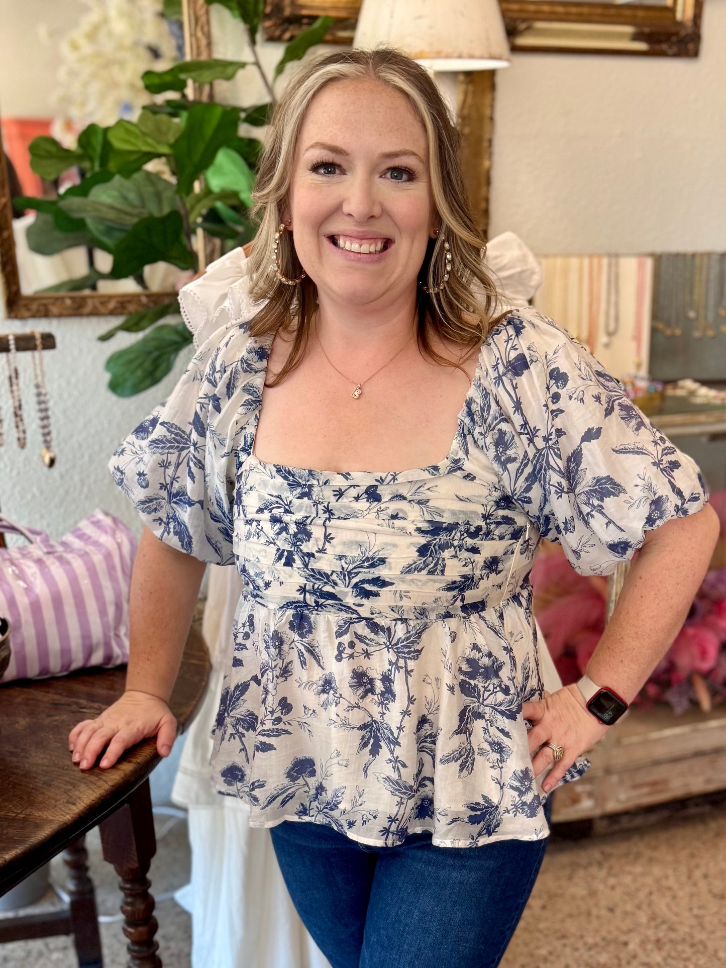 Blue Floral Babydoll Top