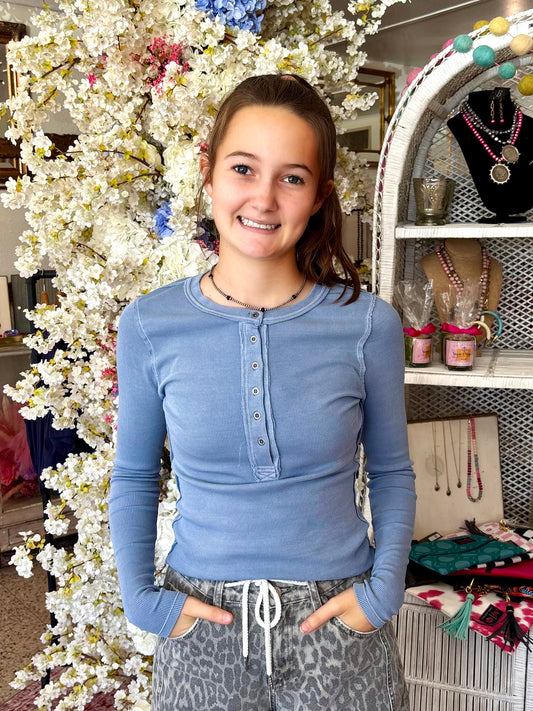 Long Sleeve Henley, Dusty Blue