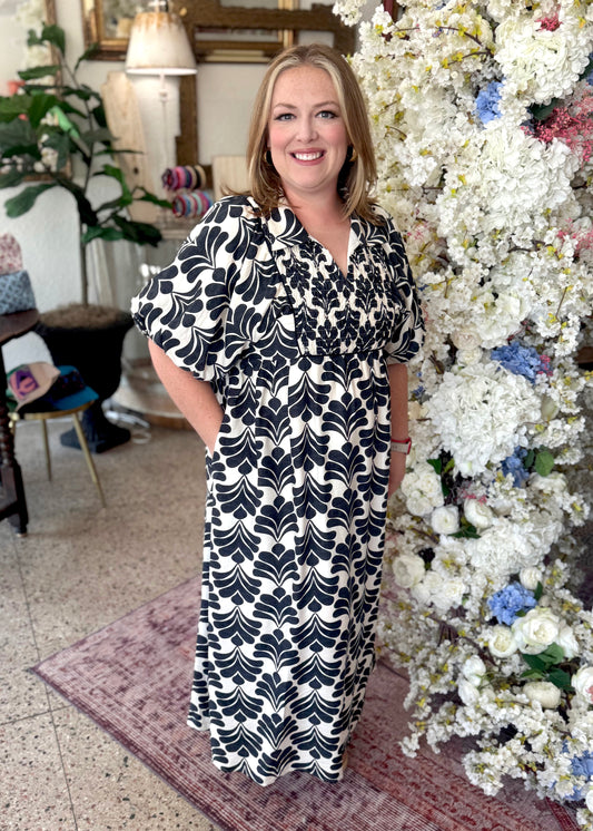 Boho Floral Maxi Dress, Black & White