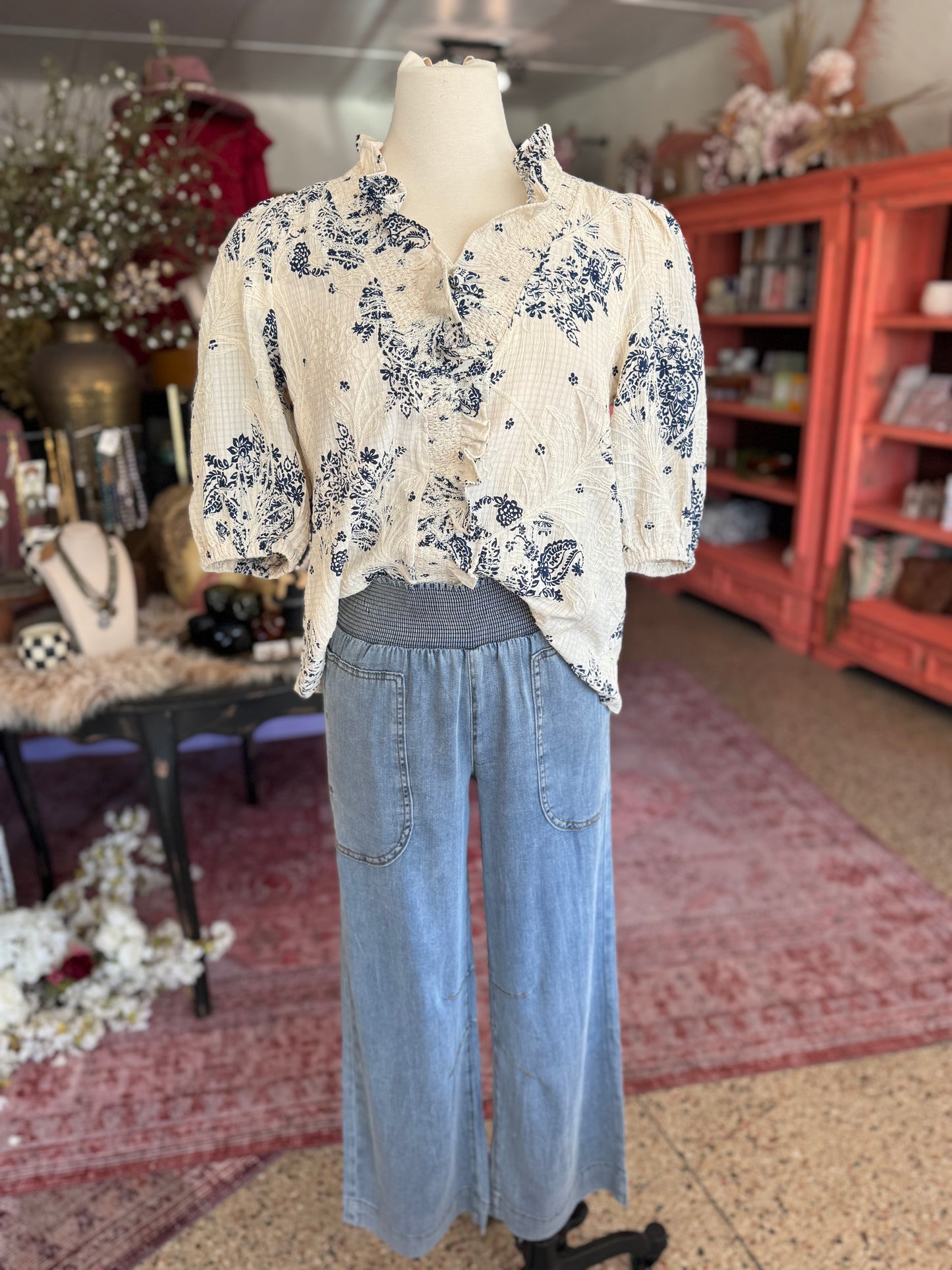 Navy Floral Detail Blouse