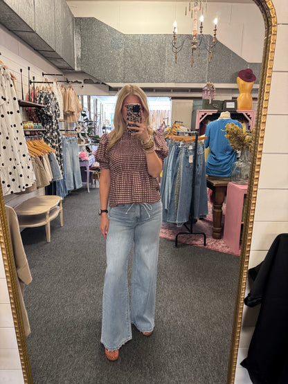 Gingham Smocked Puff Sleeve Top