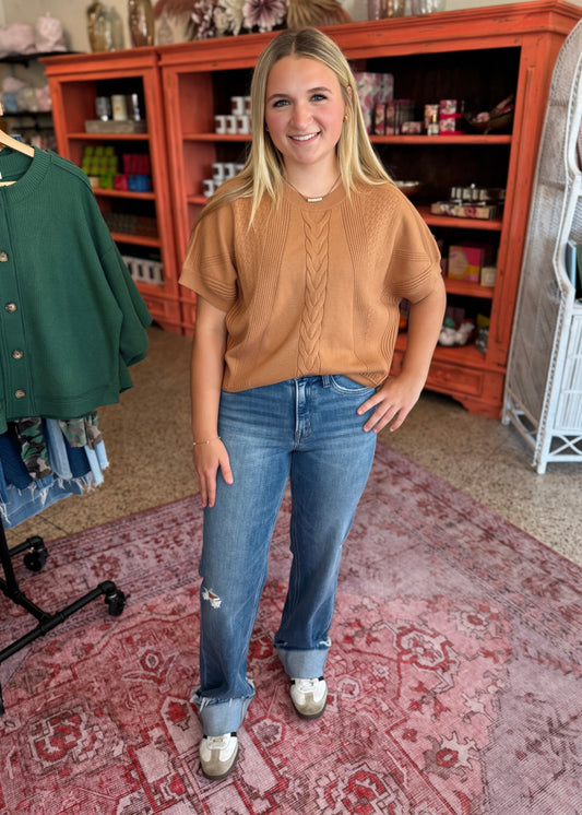 Mixed Knit Short Sleeve Sweater