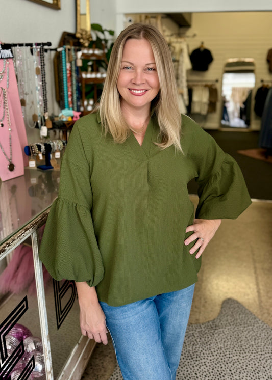 Collared Bell Sleeve Top, Olive