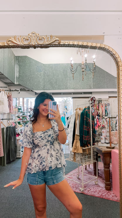Blue Floral Babydoll Top