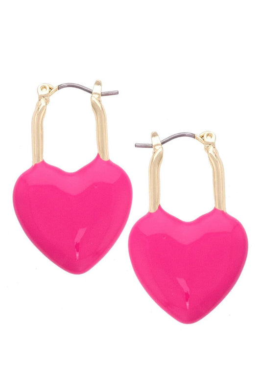 Bowen Puffy Heart Padlock Earrings, Fuchsia