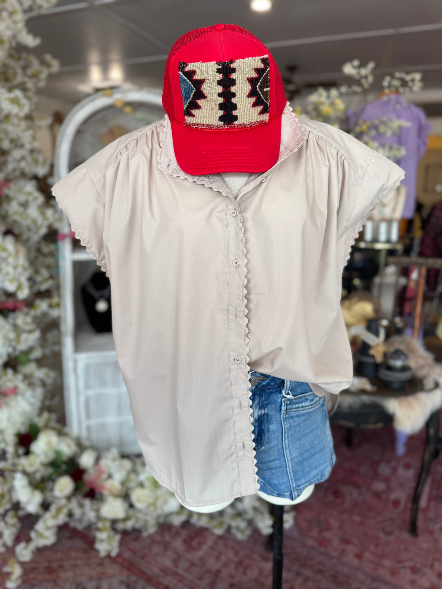 Button Down Cap Sleeve Blouse