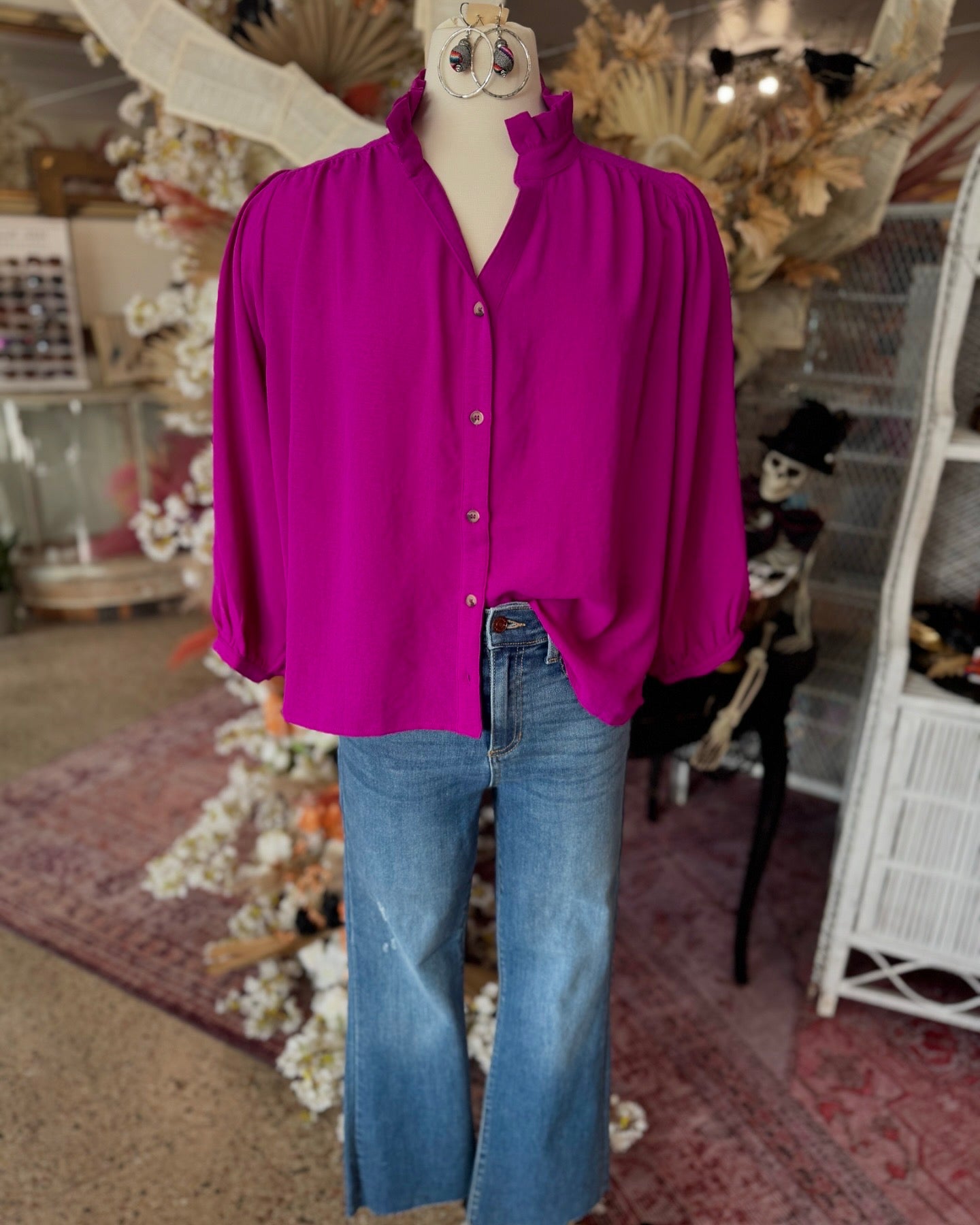 Magenta V-Neck Button-Down