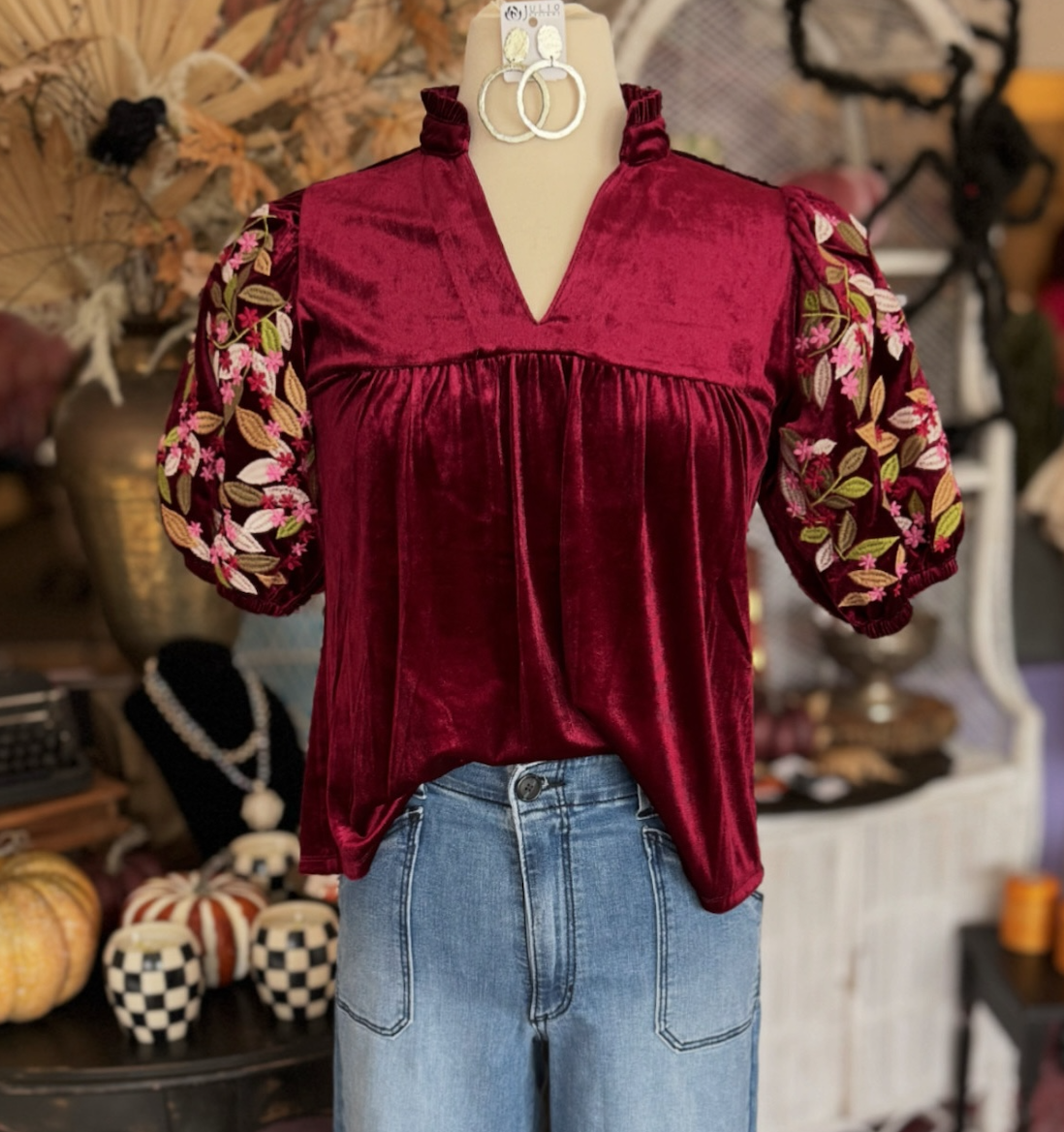 Velvet Embroidered Detail Top