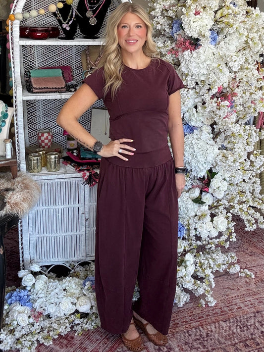 Wide Leg Pants Set, Maroon