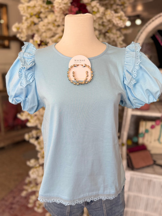 Eyelet Ruffle Sleeve Tee, Blue