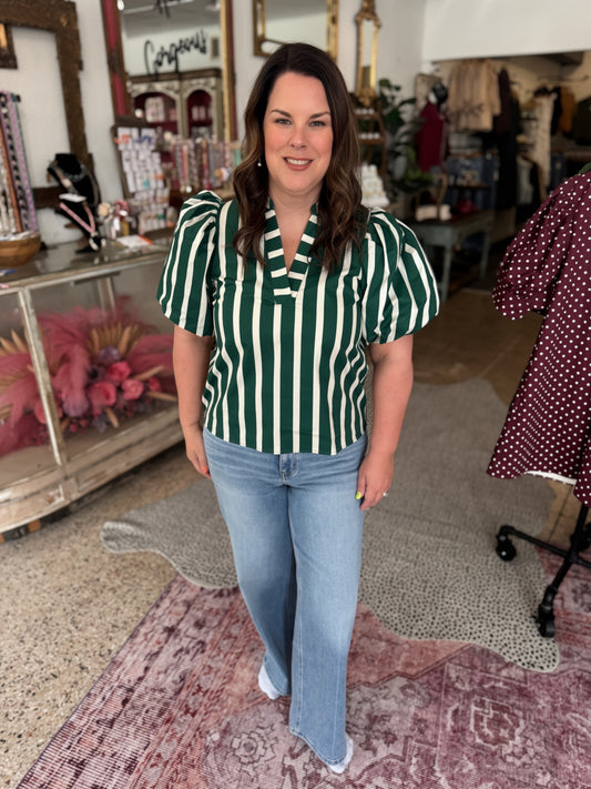 Green Striped V-Neck Puff Sleeve Top