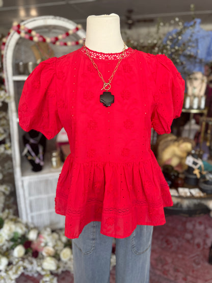 Red Eyelet Babydoll Top