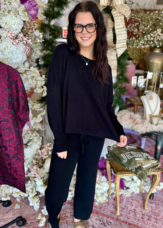 Waffle Knit Lounge Set, Black