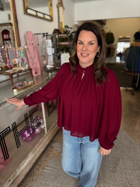 Sheer Balloon Sleeve Top, Burgundy