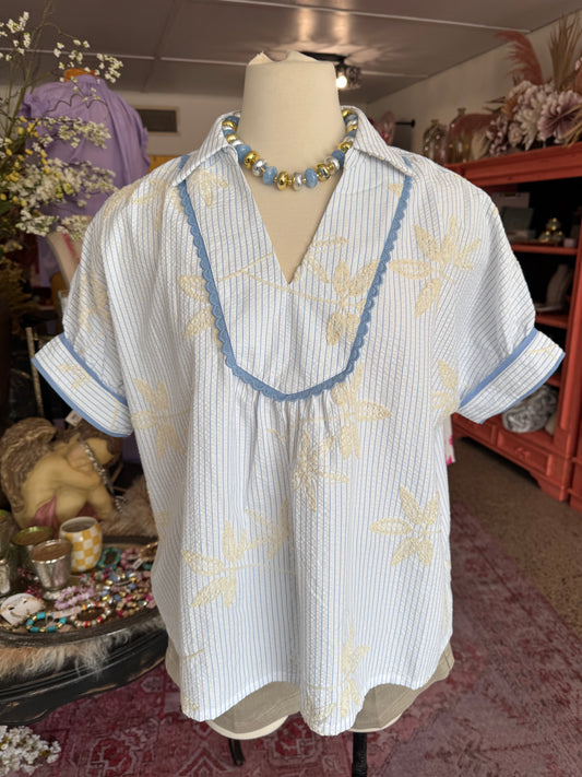 Embroidered Top w/ Scallop Trim