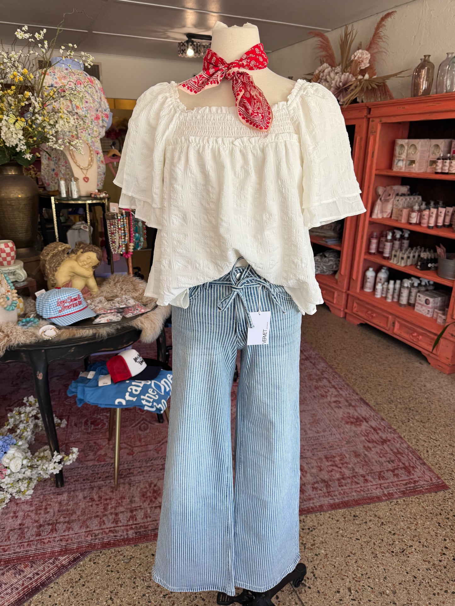 White Square Neck Smocked Blouse