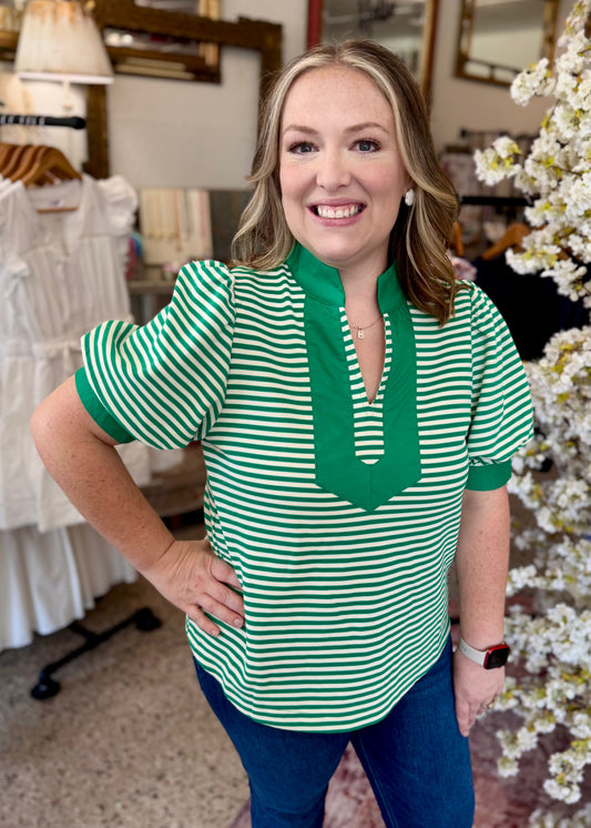 Green Striped Puff Sleeve w/ Collar