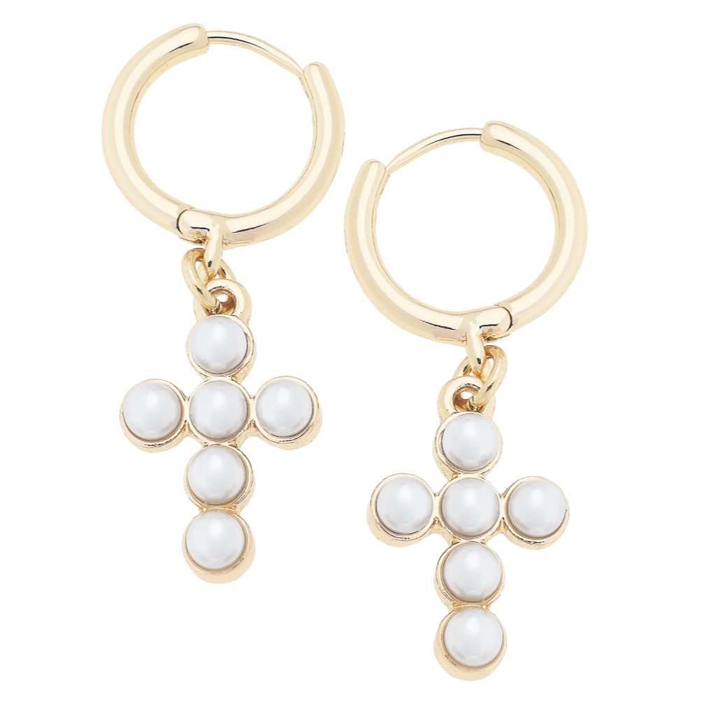 Emily Pearl Cross Drop Hoop Earrings