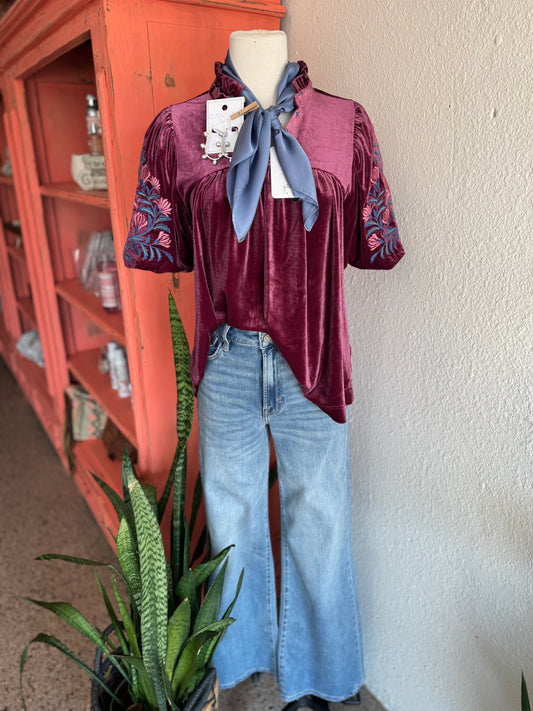 Velvet Embroidered Sleeve Top, Plum