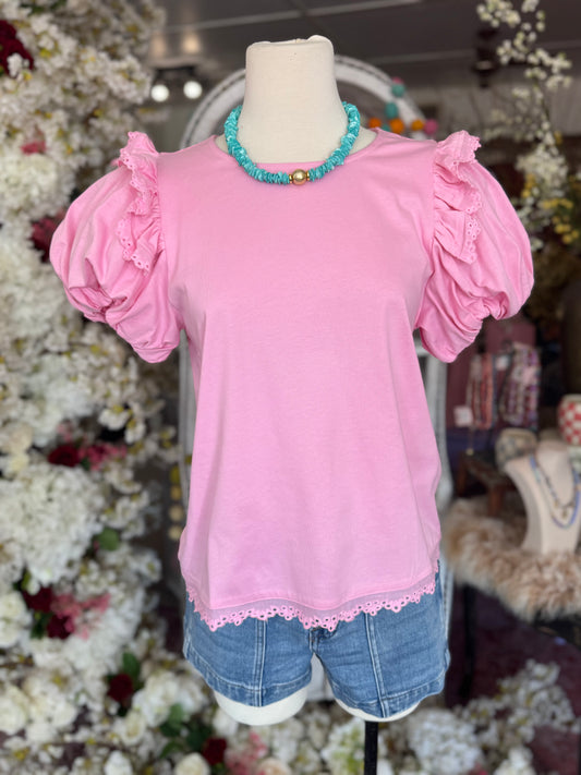Eyelet Ruffle Sleeve Tee, Pink