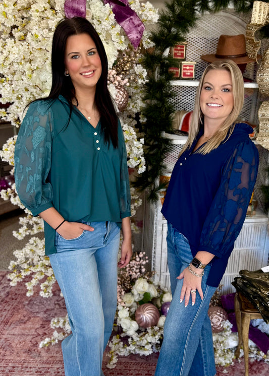 Sheer Floral Sleeve Blouse, Navy